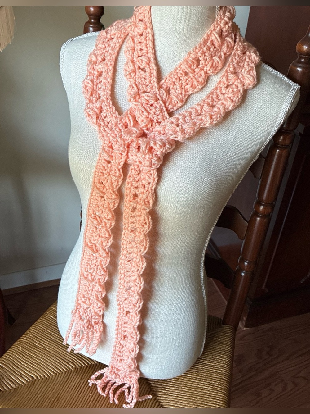 Persimmon crochet criss cross eyelet  Y2K skinny scarf- handmade